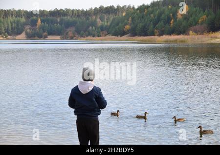 Ragazzo giovane carino che alleva le anatre nel tardo pomeriggio. Ragazzo cammina lungo il lago in autunno o in inverno. Turismo, campeggio, escursioni. Tempo nella natura. Foto Stock
