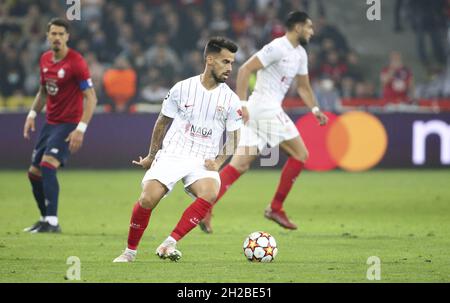 Suso aka Jesus Joaquin Fernandez Saez de la Torre del Sevilla FC durante la UEFA Champions League, partita di calcio del Gruppo G tra Lille OSC (LOSC) e Sevilla FC il 20 ottobre 2021 allo Stade Pierre Mauroy a Villeneuve-d'Ascq vicino Lille, Francia - Foto: Jean Catuffe/DPPI/LiveMedia Foto Stock