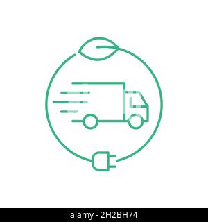 Carrello elettrico. Cerchio interno del veicolo da trasporto verde con lamina e spina elettrica. Modalità di trasporto rispettosa dell'ambiente. Vettore Illustrazione Vettoriale