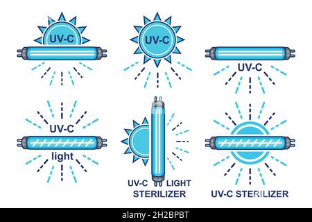 Lampada per disinfezione UV, set di icone lampada sterilizzatore al quarzo. UVC raggi ultravioletti di sterilizzazione antibatterico disinfettare aria virus Corona uccisione vettore Illustrazione Vettoriale