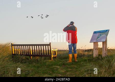 Southport, Merseyside. Meteo Regno Unito. 21 Ott 2021. Durante la notte temperature fredde di 7C e cieli limpidi come il sole sorge sopra la RSPB Marshside importante riserva naturale paludosa. Un luogo preferito dagli appassionati di birdwatching per vedere i greggi migratori di anatre e oche che si innalzano dai terreni di alimentazione. La riserva è utilizzata da un gran numero di oche rosa che si aggirano, provenienti dall'Islanda, e da una riserva naturale, parte della Riserva Naturale del Parco Regionale dei Ribble, uno dei più grandi terreni di allevamento di uccelli che si radono nel Regno Unito e riconosciuto a livello internazionale. Credit; MediaWorldImages/AlamyLiveNews Foto Stock