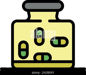 Bottiglia grande con icona pillole. Contorno bottiglia grande con pillole vettore icona colore piatto isolato Illustrazione Vettoriale