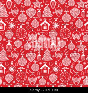 Bello disegno Natale senza cuciture modello con giochi di Natale, palle, fiocchi di neve e stelle su sfondo rosso. Ripetizione geometrica della superficie grafica. Illustrazione Vettoriale