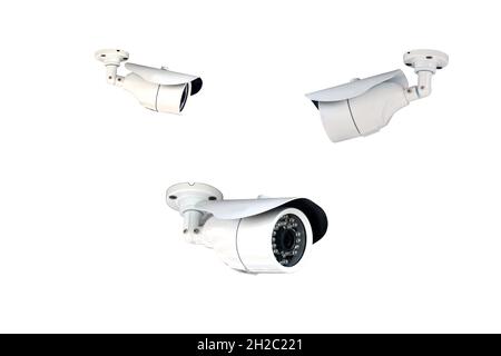 Gruppo di telecamere di sicurezza (CCTV) o di telecamere di sorveglianza isolate su sfondo bianco. Foto Stock