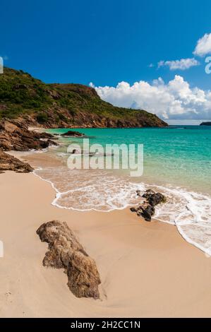 Le acque caraibiche nuotano su un tratto appartato di Anse de Grande Saline Beach. Saint Barthelemy, Indie Occidentali. Foto Stock