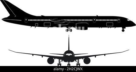 Boeing-787 per passeggeri con silhouette Dreamliner. Formato vettoriale EPS-8 disponibile separato da gruppi e livelli per una facile modifica Illustrazione Vettoriale