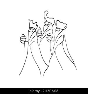 linea arte tre saggi uomini da presepio scena illustrazione vettore isolato su sfondo bianco Illustrazione Vettoriale