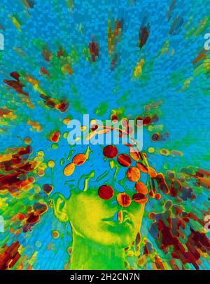 Foto illustrazione. Studentessa di moda con la testa di sequina presa nel 1966 e successivamente colorata in una camera oscura poi su un computer con un effetto zoom Foto Stock