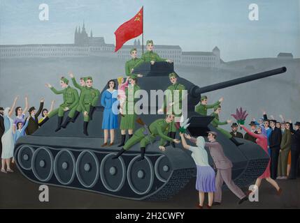 Pittura 'Liberation' dell'ingenuo artista ceco Václav Šilhán (1974) in mostra al Museo Nazionale (Národní muzeum) di Praga, Repubblica Ceca. Un carro armato sovietico e soldati dell'esercito rosso accolti dalla popolazione locale a Praga, in Cecoslovacchia, poco dopo la liberazione della città il 9 maggio 1945, sono raffigurati nel dipinto, In vista della nuova mostra permanente del Museo Nazionale dedicato alla Storia del XX secolo. Foto Stock