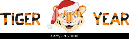 Tiger arrabbiato, simbolo di Capodanno in rosso Natale cappello Santa. Animali selvatici dell'Africa, faccia con emozione furiosa, decorazione di festa con la scritta a strisce arancioni Illustrazione Vettoriale