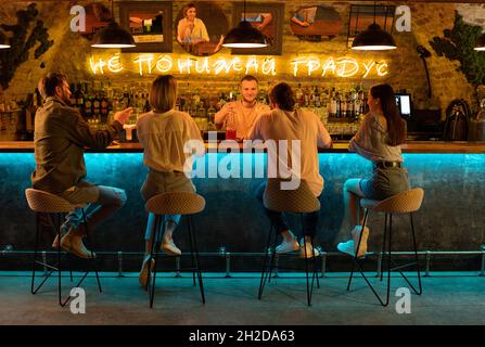 Gruppo di persone in abiti casual seduti vicino al bancone e parlando con il barman di notte Foto Stock