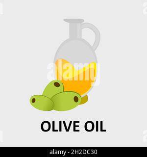 Icona vettoriale di un disegno a caraffa di vetro con olio liquido giallo con tre olive verdi davanti, che simboleggia l'olio d'oliva come è scritto sotto. Illustrazione Vettoriale
