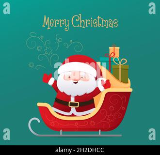 Biglietto di auguri con Babbo Natale carino in slitta di Natale con borsa e regali. Illustrazione vettoriale, stile cartoon Illustrazione Vettoriale