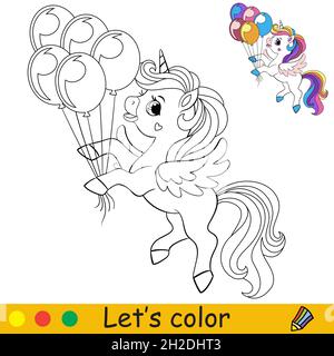 Simpatico unicorno divertente con una lunga mana e ali tiene i palloncini. Colorare la pagina del libro con il modello colorato per i bambini. Illustrazione vettoriale. Per colorina Illustrazione Vettoriale