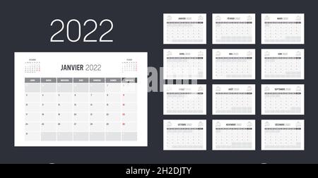 Calendario mensile dell'anno 2022, in lingua francese. Modello vettoriale. Illustrazione Vettoriale