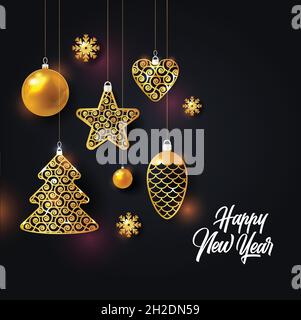 Capodanno e buon Natale sfondo. Giocattoli di natale in oro su sfondo nero bokeh. Illustrazione vettoriale. Illustrazione Vettoriale