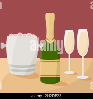 Due bicchieri e una bottiglia di champagne Illustrazione Vettoriale