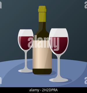 Due bicchieri con vino e una bottiglia sono sul tavolo Illustrazione Vettoriale
