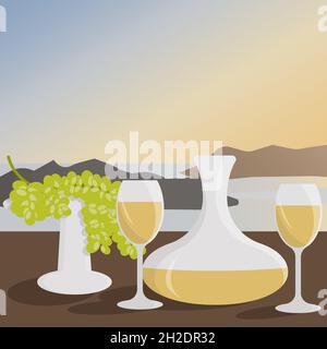 Due bicchieri e un decanter di vino bianco Illustrazione Vettoriale