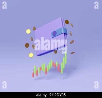 portafoglio con monete intorno e crescente candelabro grafico sotto. cryptocurrency concetto e investimento. rendering 3d Foto Stock