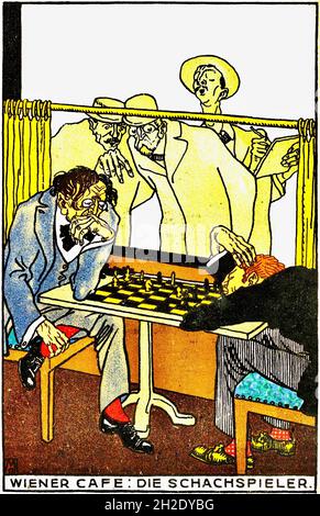 Moriz Jung artwork intitolato Viennese Café- The Chess Players - Wiener Werkstätte - passanti assorbiti in una partita di scacchi caffè. Si stanno facendo delle note. Foto Stock