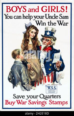 “ragazzi e ragazze, puoi aiutare il tuo zio Sam a vincere la guerra” di James Montgomery Flagg, 1918 Foto Stock
