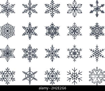 Collezione di fiocchi di neve lineari. Fiocco di neve isolato. Set di illustrazioni vettoriali. Linea sottile Illustrazione Vettoriale