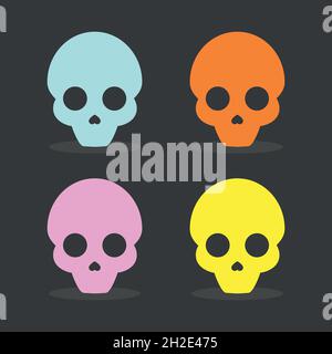 Set: icone del cranio colorate piatte. Sfondo scuro. Illustrazione vettoriale, design piatto Illustrazione Vettoriale
