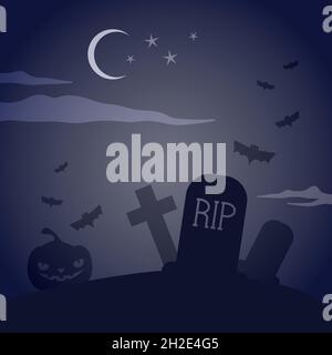Spaventoso cimitero notturno. Tombe e pipistrelli. Illustrazione vettoriale, design piatto Illustrazione Vettoriale