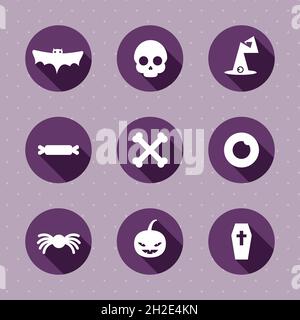Icona di Halloween impostata. Colore bianco con ombra lunga. Illustrazione vettoriale, design piatto Illustrazione Vettoriale