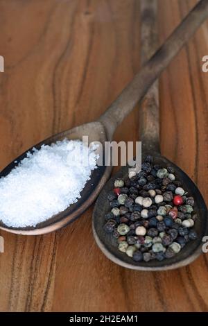 Sale marino e grani di pepe misti su cucchiai di legno Foto Stock