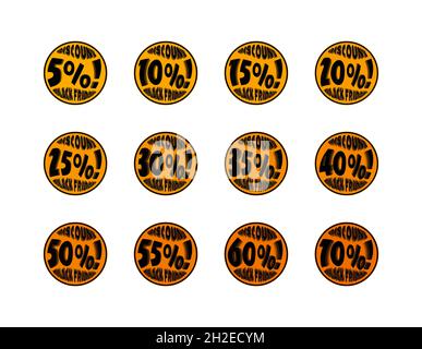 Icone sconti Black friday impostate. Palloncini gialli con 5, 10, 15, 20, 25, 30, 35, 40, 45, 50, 55, 60 e 70% di sconto segni. Sconti, acquisti Foto Stock