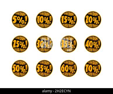 Icone sconti Black friday impostate. Palloncini gialli con 5, 10, 15, 20, 25, 30, 35, 40, 45, 50, 55, 60 e 70% di sconto segni. Sconti, acquisti Foto Stock