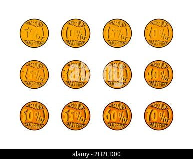 Icone sconti Black friday impostate. Palloncini gialli con 5, 10, 15, 20, 25, 30, 35, 40, 45, 50, 55, 60 e 70% di sconto segni. Sconti, acquisti Foto Stock