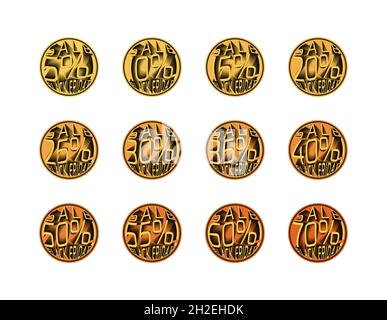 Icone sconti Black friday impostate. Palloncini gialli con 5, 10, 15, 20, 25, 30, 35, 40, 45, 50, 55, 60 e 70% di sconto segni. Sconti, acquisti Foto Stock