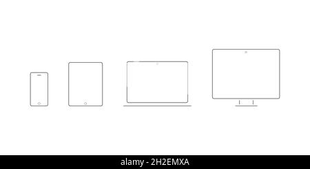 Icone del dispositivo: Smartphone, tablet, notebook e computer desktop. Linea sottile. Illustrazione vettoriale, design piatto Illustrazione Vettoriale