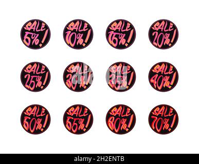 Icone di sconto impostate. Palloncini neri con 5, 10, 15, 20, 25, 30, 35, 40, 45, 50, 55, 60 e 70% di sconto segni. Sconti, shopping. Foto Stock