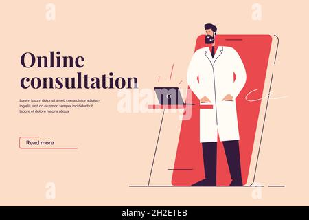 Illustrazione vettoriale sul tema del servizio medico remoto, consultazione medico online. Tratto modificabile Illustrazione Vettoriale
