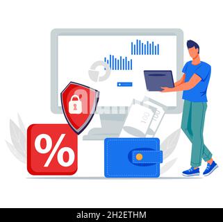 Servizi finanziari bancari online. Transazioni di pagamento online sicure e banca digitale, illustrazione vettoriale piatta isolata su sfondo bianco. Illustrazione Vettoriale