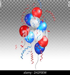 Colori palloncini vacanza mazzo in colori tradizionali - rosso, bianco, blu. Palloncini vacanza impostati su banner trasparente. Illustrazione Vettoriale