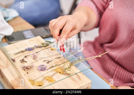 Una donna presenta una composizione. Master class sulla creazione di cornici con Herbarium in tecnica tiffany in vetro colorato. Erbario di diverso essiccato Foto Stock