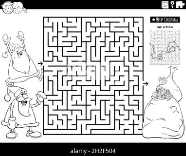 Illustrazione cartoon in bianco e nero del gioco di puzzle di labirinto educativo con i caratteri di Babbo Natale e sacchi di Natale presenta la pagina del libro da colorare Illustrazione Vettoriale