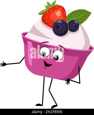 Dolce carino o yogurt personaggio con gioie emozioni, sorriso viso, occhi felici, braccia e gambe. Il divertente o fortunato cibo dolce, dessert. Illustrazione piatta vettoriale Illustrazione Vettoriale