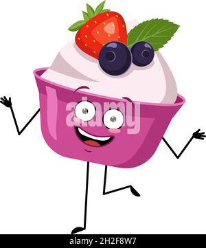 Dolce carino o yogurt personaggio con emozioni danzanti, sorriso viso, braccia e gambe. L'eroe divertente, felice o sorridente, cibo dolce gioioso, dessert con gli occhi. Illustrazione piatta vettoriale Illustrazione Vettoriale