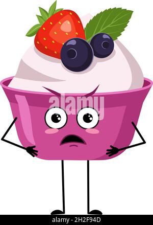 Dolce carino o personaggio yogurt con emozioni arrabbiate, viso, braccia e gambe. Il cibo dolce divertente o grumpy per un caffè. Illustrazione piatta vettoriale Illustrazione Vettoriale