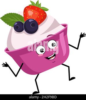 Dolce carino o yogurt personaggio con gioie emozioni, sorriso viso, occhi felici, braccia e gambe. Il divertente o fortunato cibo dolce, dessert. Illustrazione piatta vettoriale Illustrazione Vettoriale