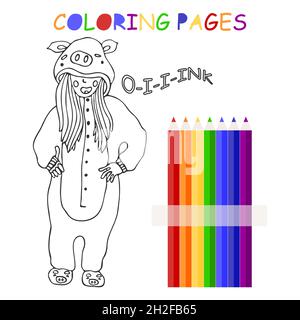 Carina bambina in pigiama kigurumi disegnata a mano in stile cartone animato. Libro da colorare o pagina di stile del doodle per i capretti. Un bambino in un vestito di maialino. Vettore Illustrazione Vettoriale