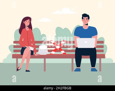 Le persone mantengono la loro distanza nel parco. Una distanza socialmente sicura tra un uomo e una donna sul banco, in modo da non diffondere il virus, il coronavirus COVID-19. Vettore, illustrazione piatta. Prevenzione. Illustrazione Vettoriale