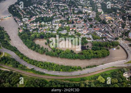 Fotografia aerea, alluvione della Ruhr, alluvione, alluvione di Brehminsel Essen-Werden, Essen-Bredeney, Essen, zona della Ruhr, Renania settentrionale-Vestfalia, Germania, Luftbild, Foto Stock