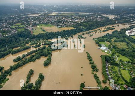 Fotografia aerea, alluvione della Ruhr, alluvione, Horst, Essen, Zona della Ruhr, Renania settentrionale-Vestfalia, Germania, Luftbild, Ruhrhochwasser, Überschwemmung, Horst, E. Foto Stock